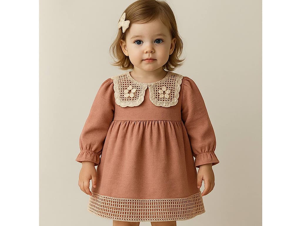 پیراهن آستین بلند بوکله دخترانه یقه دراپه رنگ صورتی