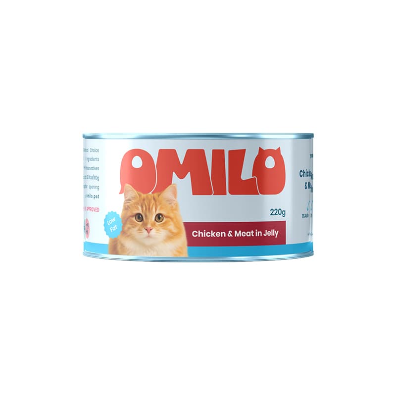 کنسرو غذای گربه اومیلو با طعم گوشت گاو و مرغ در ژله وزن 220 گرم