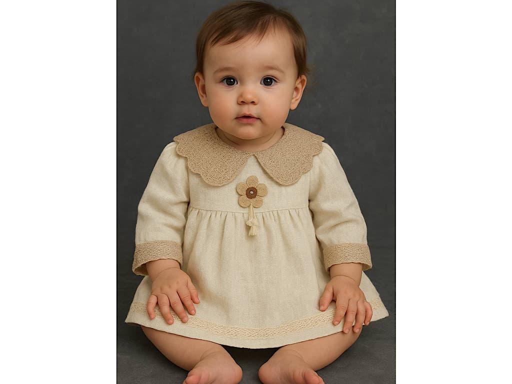 پیراهن آستین بلند دخترانه رنگ کرم روشن طرح گل