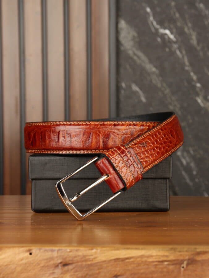 کمربند چرم طبیعی کروکدیلی مردانه بیورا مدل میخی km012