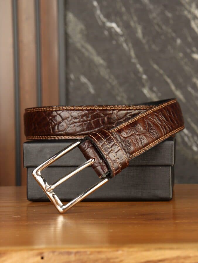 کمربند چرم طبیعی کروکدیلی مردانه بیورا مدل میخی km014