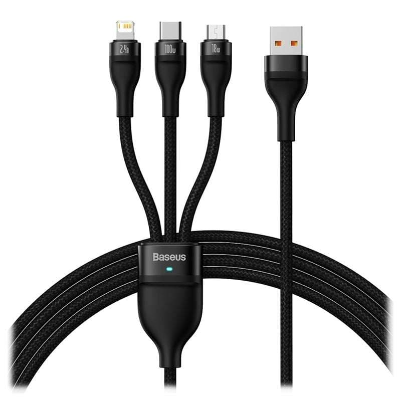 کابل تبدیل USB به USB-C / microUSB / لایتنینگ باسئوس مدل Flash Series Ⅱ 100W طول 1.2 متر