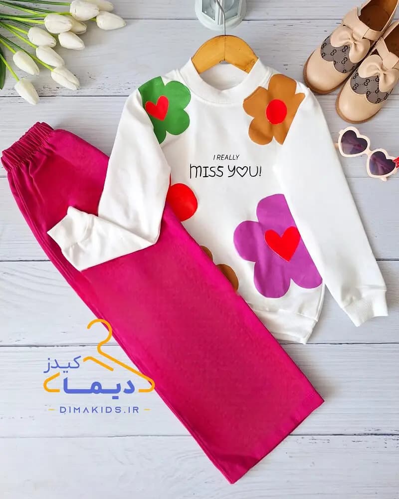 ست بلوز و شلوار بگ سفید سرخابی طرح گلسا