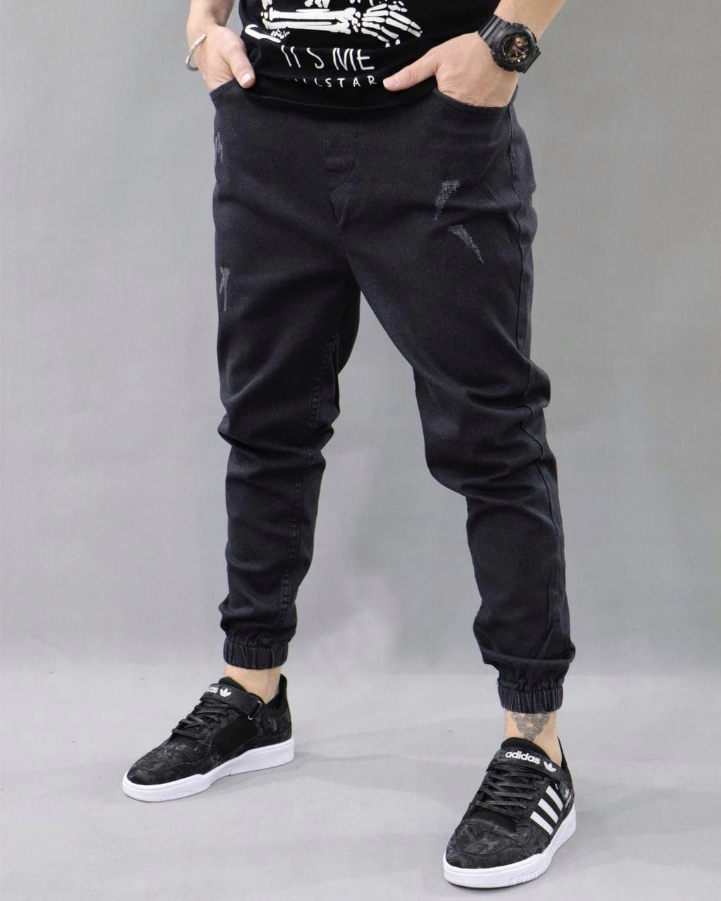 شلوار اسلش جین زغالی مردانه | کمر و دمپا گتر