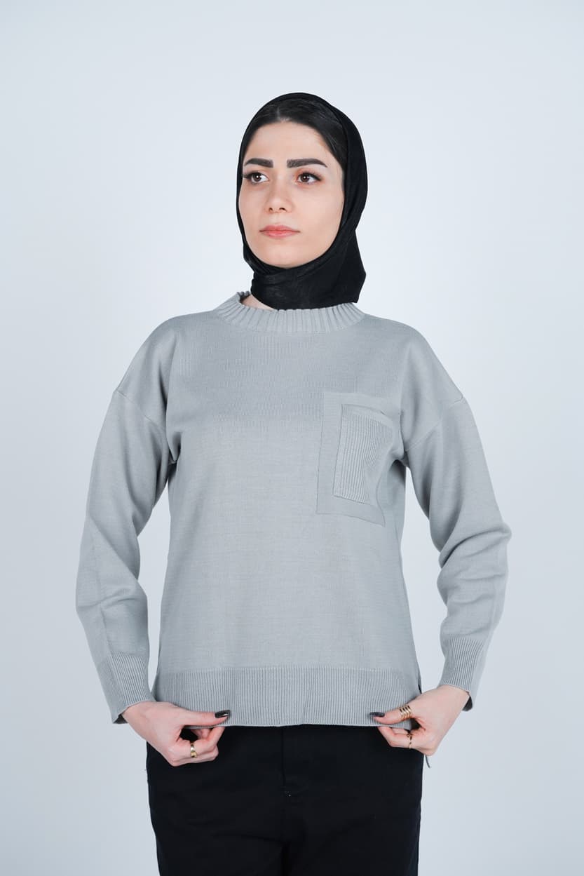 بافت یقه گرد آستین بلند جیب دار زنانه