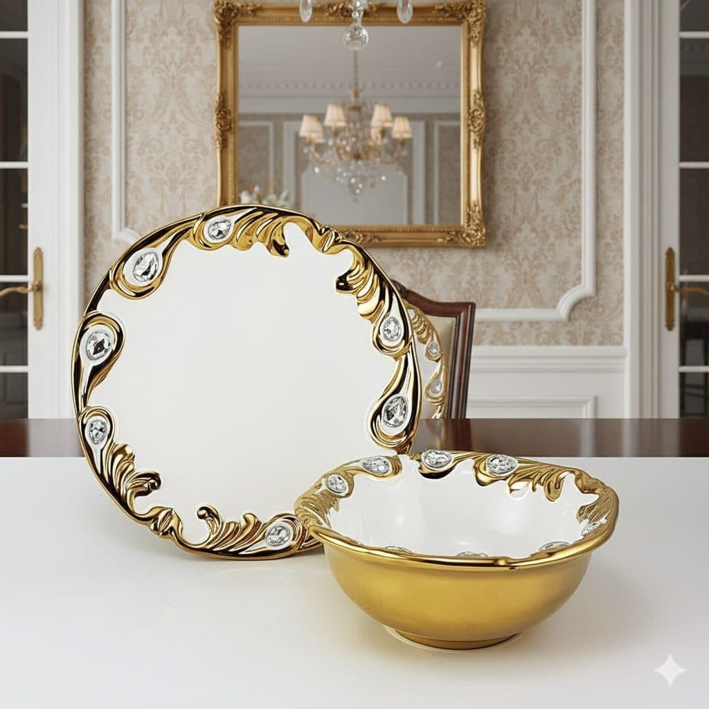 پیاله و پیش دستی سرامیکی طلایی طاووسی یونیک کد 1046