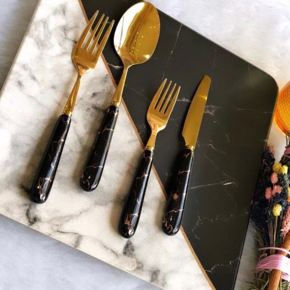 قاشق چنگال فله طرح ماربل مشکی طلایی