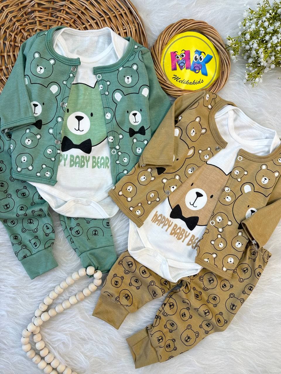 سه تکه طرح خرس پاپیونی تمام چاپ نوزادی و کودک کد 117248
