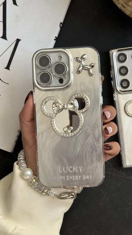قاب موبایل آیفون میکی اسکوییکی داگ آیینه ای نگین دار + بندست
