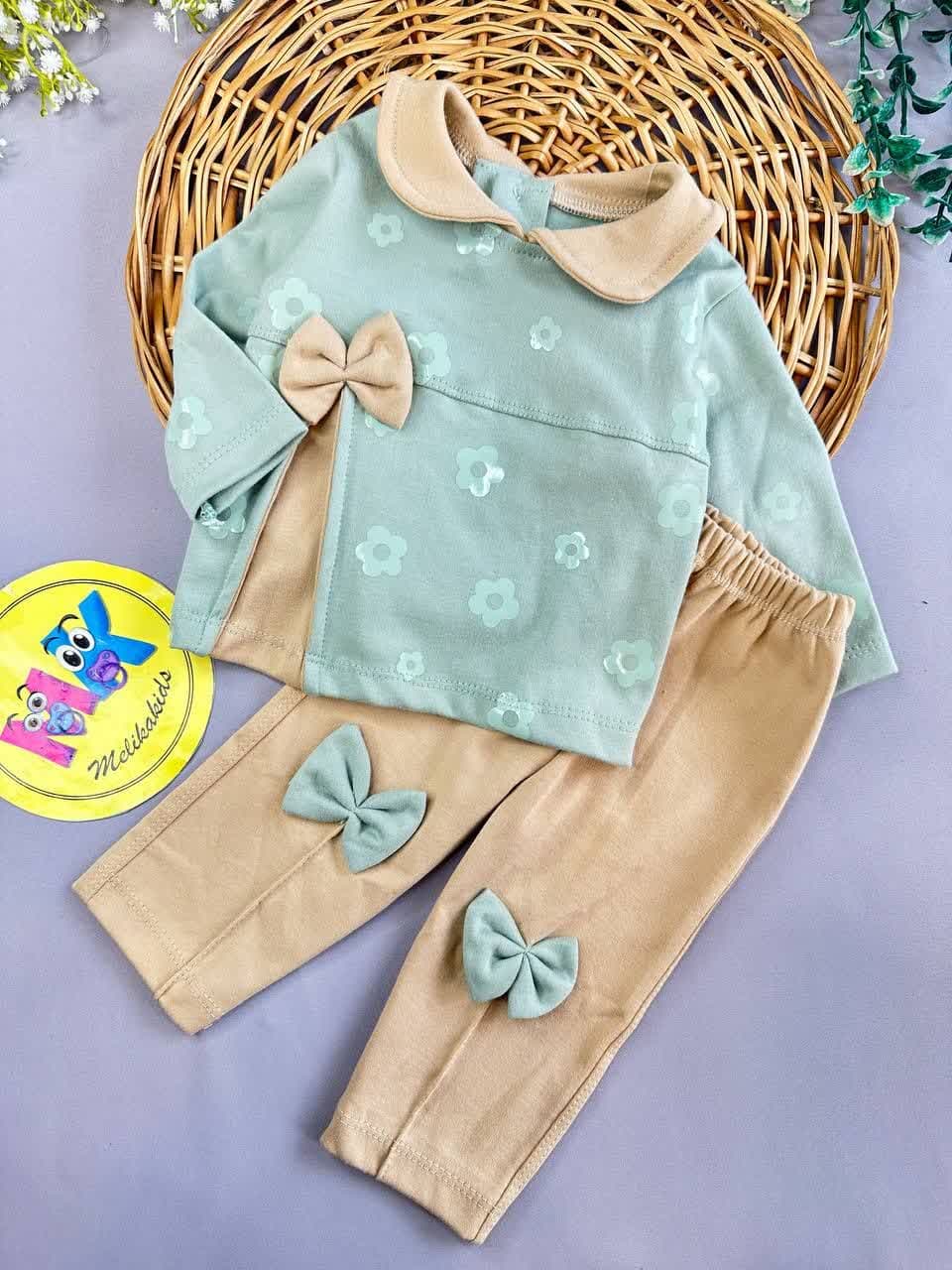 بلوز شلوار گل گلی پاپیون دار سبزسدری کرمی نوزادی و کودک کد 173219