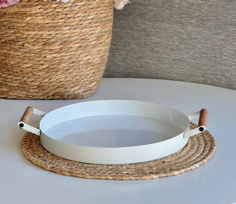 سینی فلزی گرد دسته چوبی- رنگ سفید