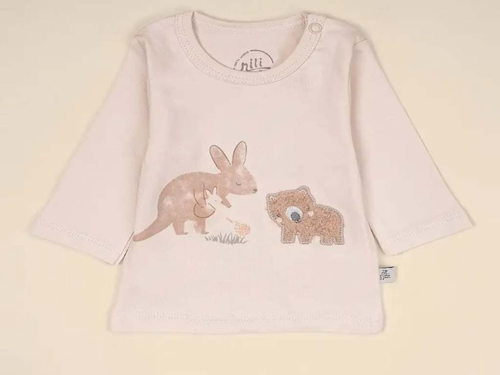 بلوز آستین بلند نوزادی طرح کانگورو و دوستان نیلی nili