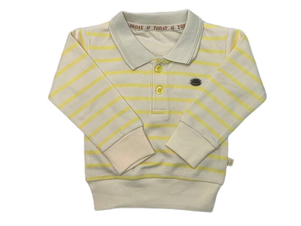 بلوز آستین بلند پسرانه سلانیک یقه دار رنگ زرد طرح راه راه