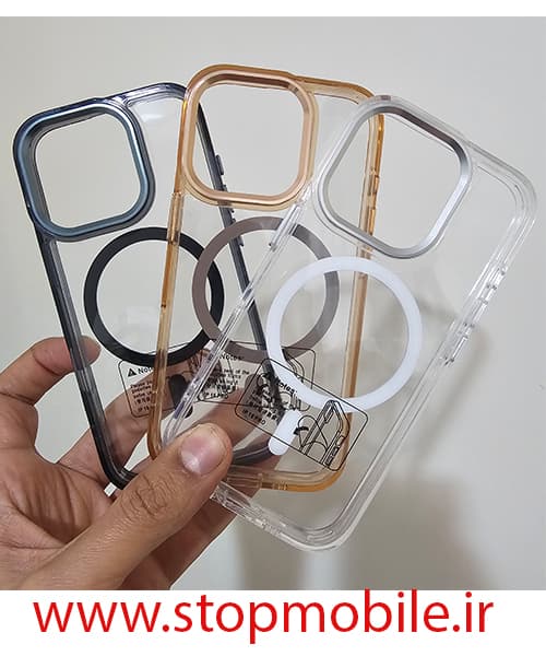 قاب آیفون 15 پرو مکس – IPHONE 15 PRO MAX مدل مگ سیف دار شفاف دور رنگی creative case