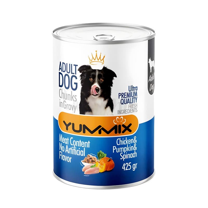کنسرو سگ بالغ یامیکس مدل چانک با مرغ و کدو و اسفناج Yummix Chicken Pumpkin Spinach Adult Dog Can وزن 425 گرم