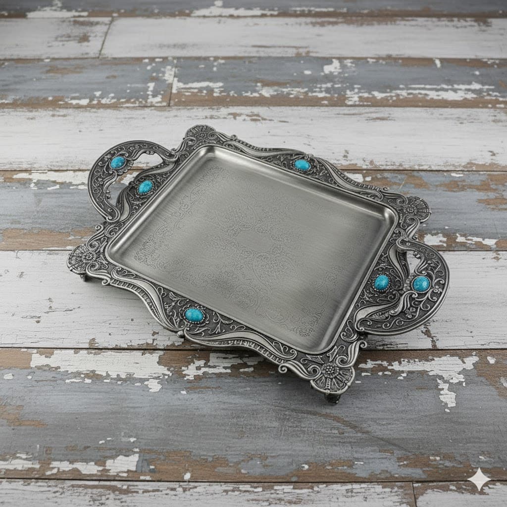 سینی پیوتر متوسط نگین دار فیروزه یونیک کد 1445 (خارجی ضد زنگ)