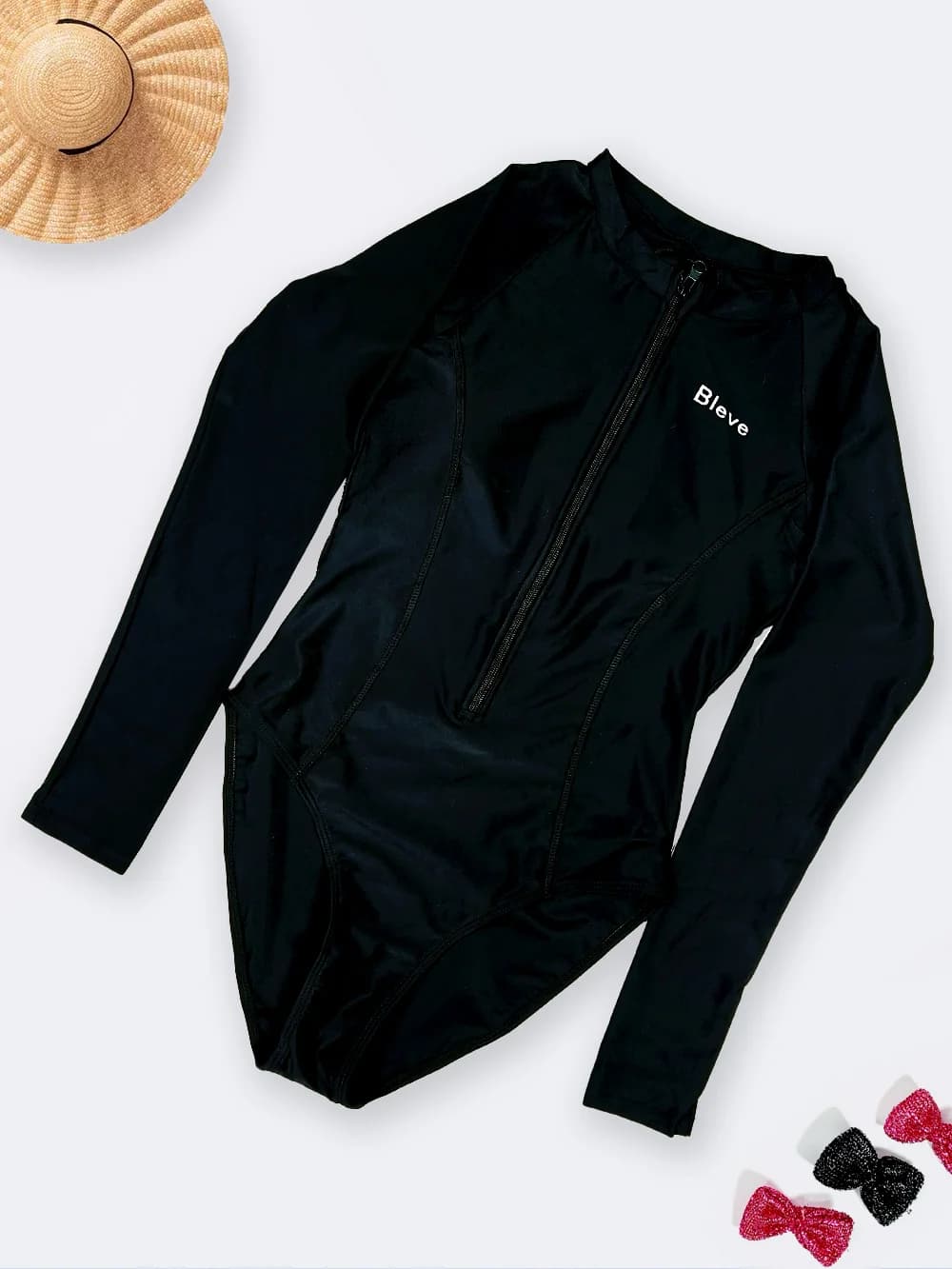 مایو آستین دار بلند زنانه ( راشگارد ) مشکی رنگ با جنسی فوق العاده برند Bleve زیپ دار