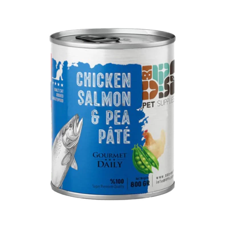 کنسرو غذای گربه دی پی اس پته با طعم مرغ و سالمون و نخود فرنگی وزن 800 گرم