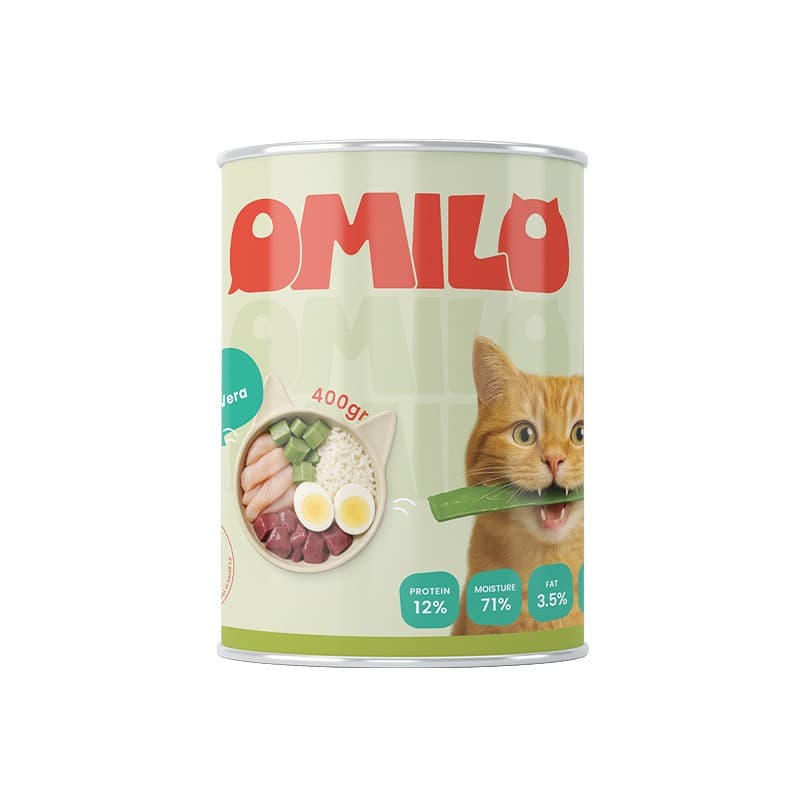 کنسرو غذای گربه اومیلو نچرال با طعم مرغ و آلوئه‌ورا وزن 400 گرم