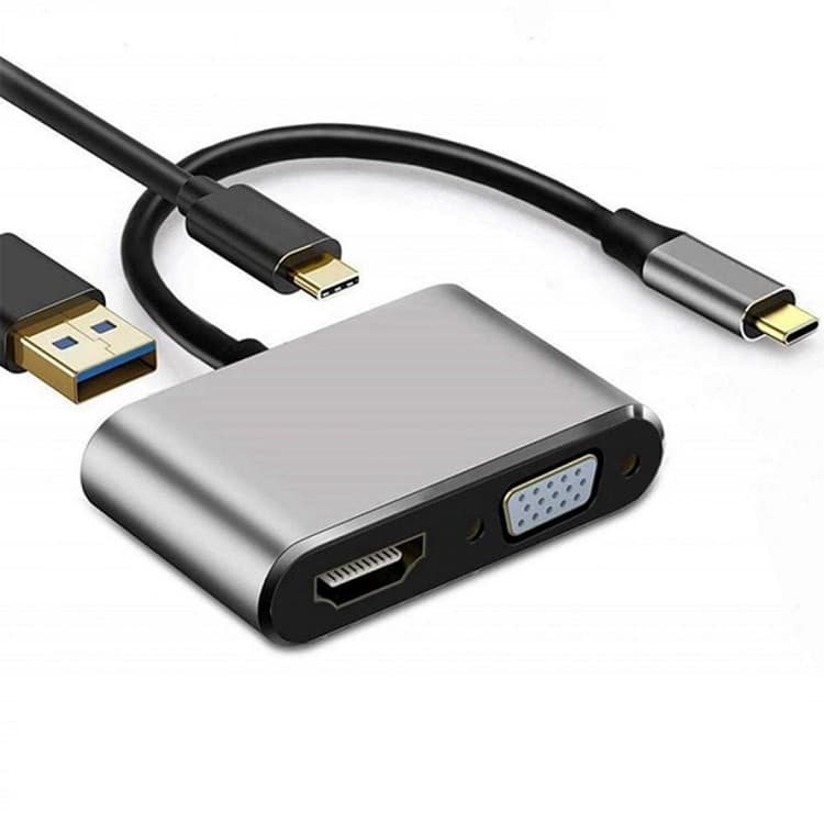 هاب 4 پورت تایپ سی مدل Type-C To HDMI/VGA/PD/USB HT-C04-1 (کالای نو با بسته بندی آسیب دیده)