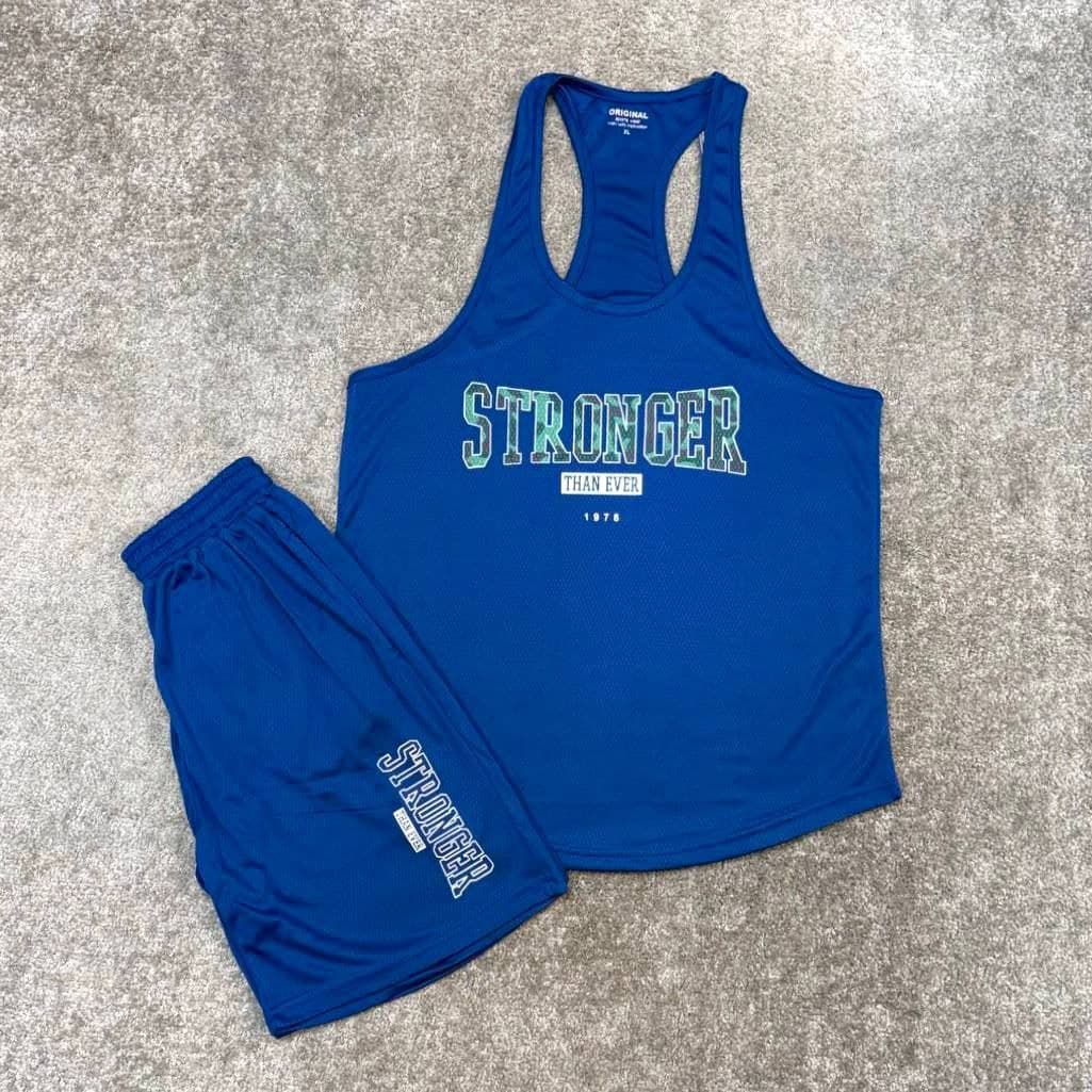 ست ورزشی مردانه رکابی قهرمانی و شلوارک کندویی Stronger آبی نفتی