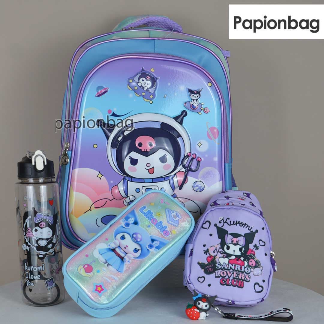 ست دخترانه کرومی کیف مدرسه، جامدادی، بادی بگ، قمقمه و سرکلیدی کد1112