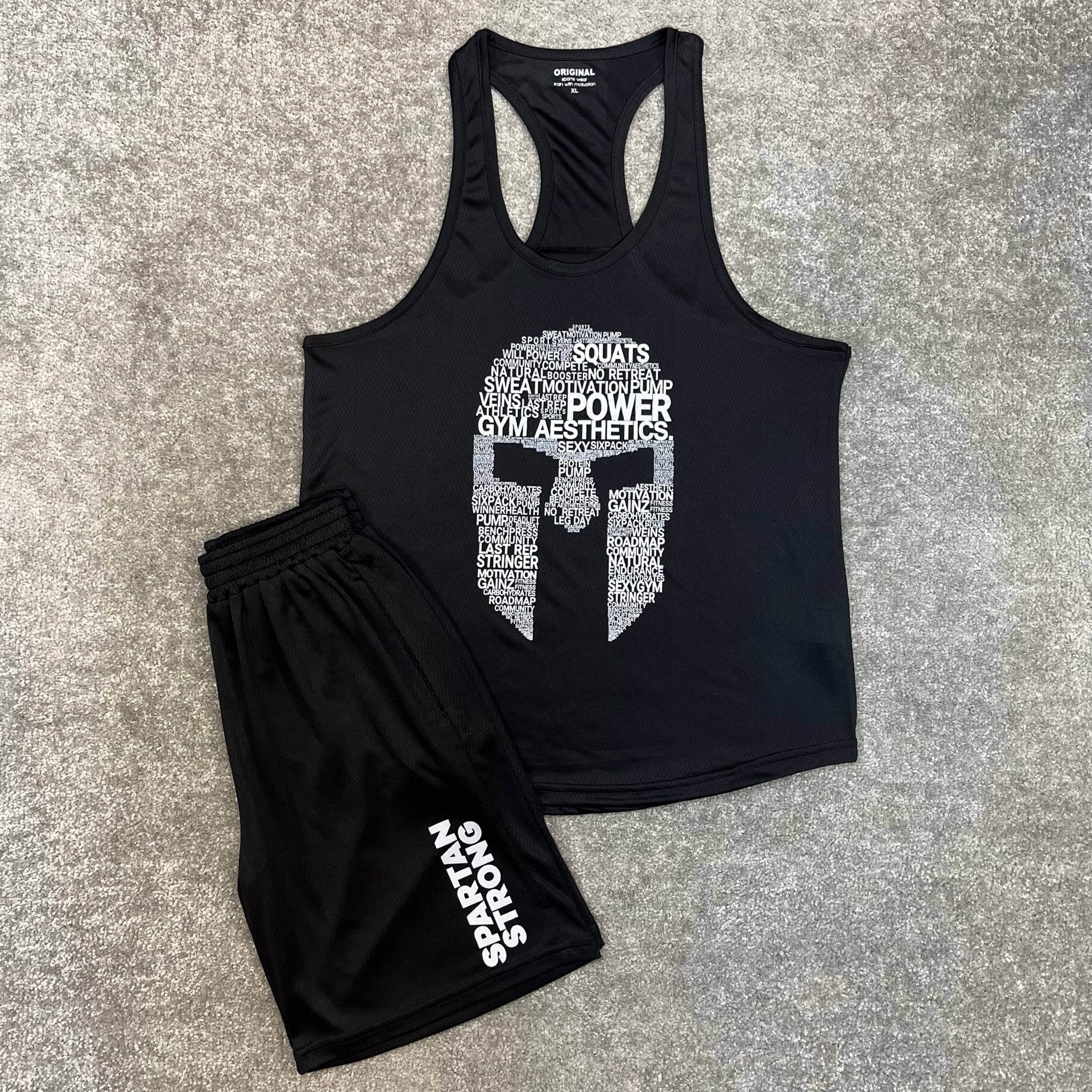 ست ورزشی مردانه رکابی قهرمانی و شلوارک گلادیاتور مشکی