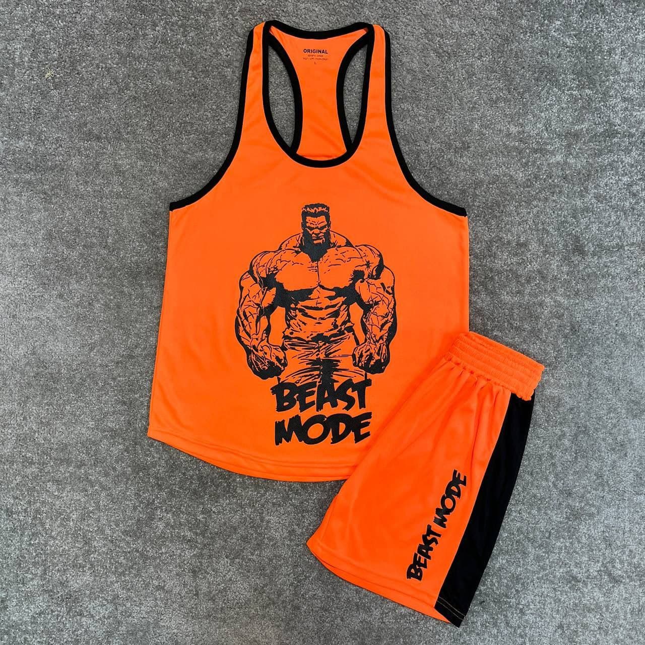 ست ورزشی مردانه رکابی قهرمانی و شلوارک انگیزشی Beast Mode نارنجی
