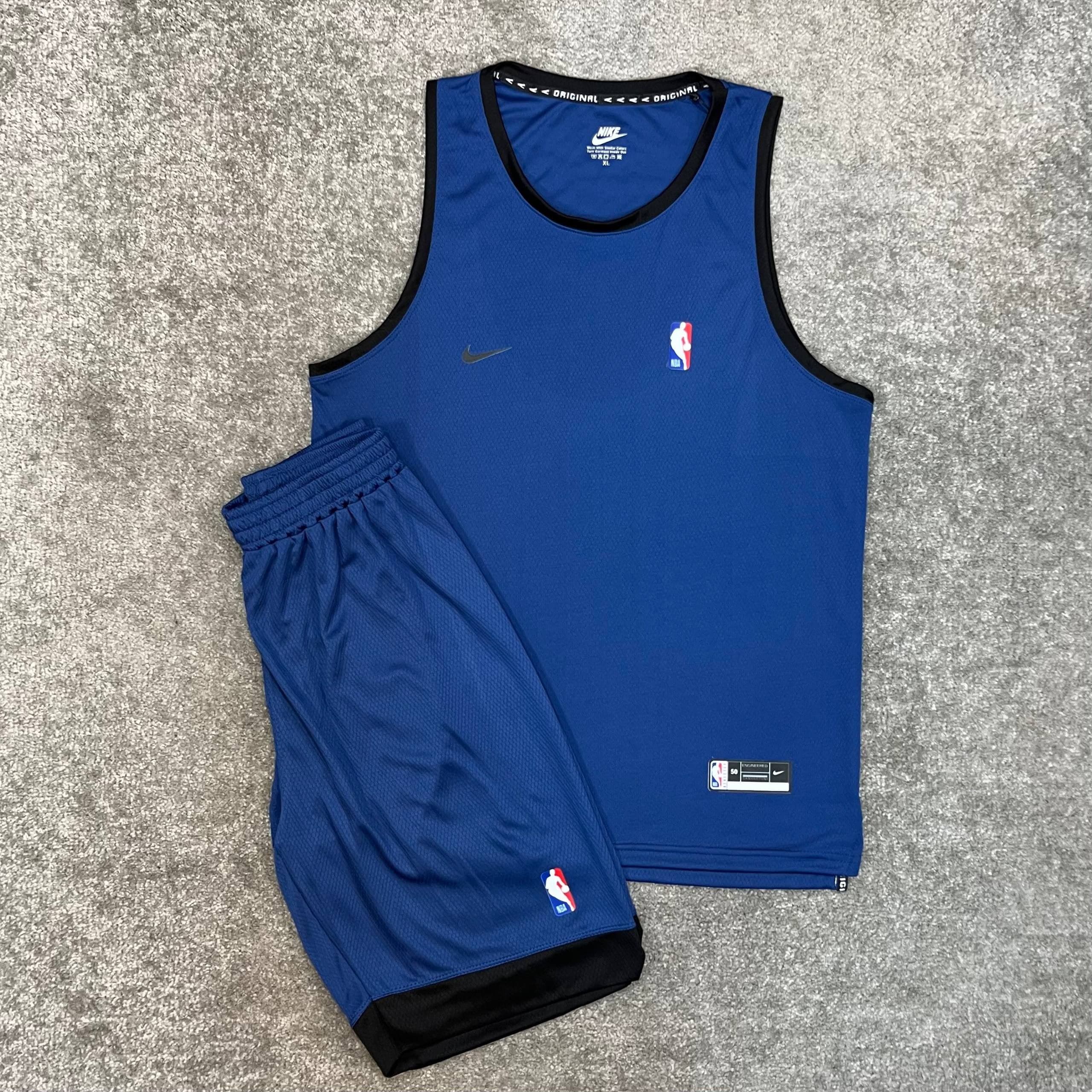 ست ورزشی مردانه رکابی و شلوارک بسکتبالی کندویی نایک آبی نفتی