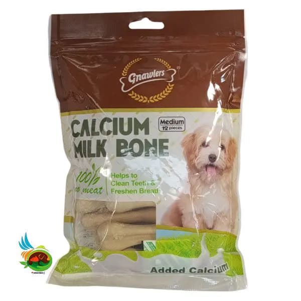 تشویقی استخوان کلسیمی سگ نژاد متوسط گناولرز طعم شیر Gnawlers calcium milk bone بسته ۱۲ عددی