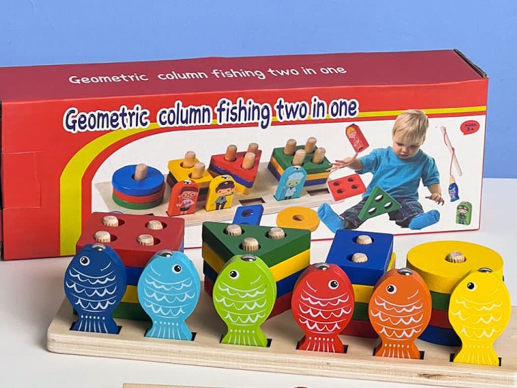 اسباب بازی دوکاره مونته سوری چوبی طرح اشکال هندسی چهارستون و ماهیگیری مگنتی