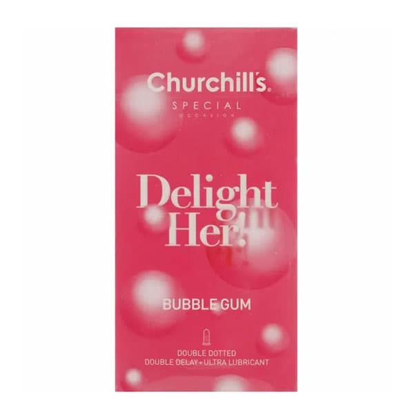 کاندوم تاخیری و خاردار چرچیلز مدل Delight Her با اسانس آدامس بادکنکی و ژل روان کننده مضاعف بسته 12 عددی