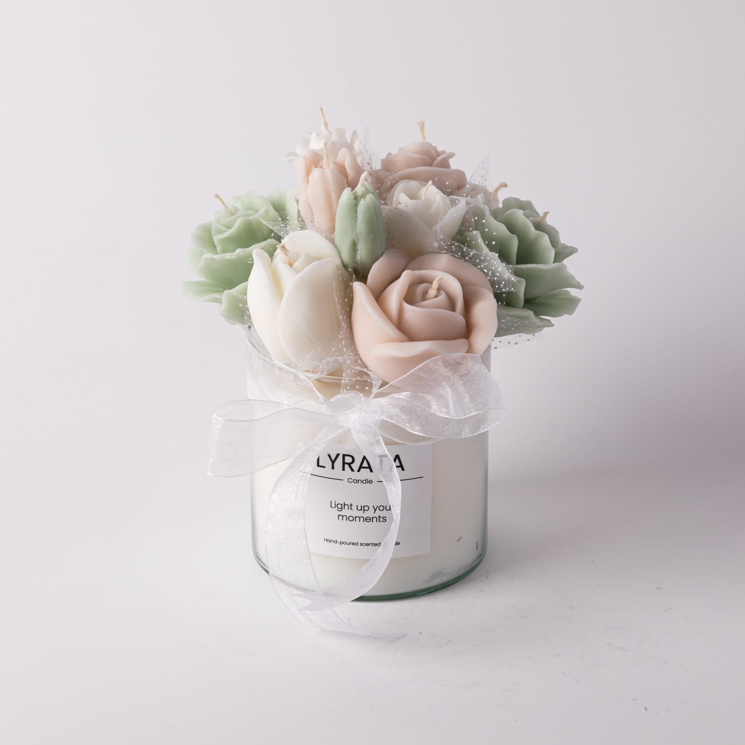 شمع دست ساز باکس گل شیشه ای استوانه مدل رز