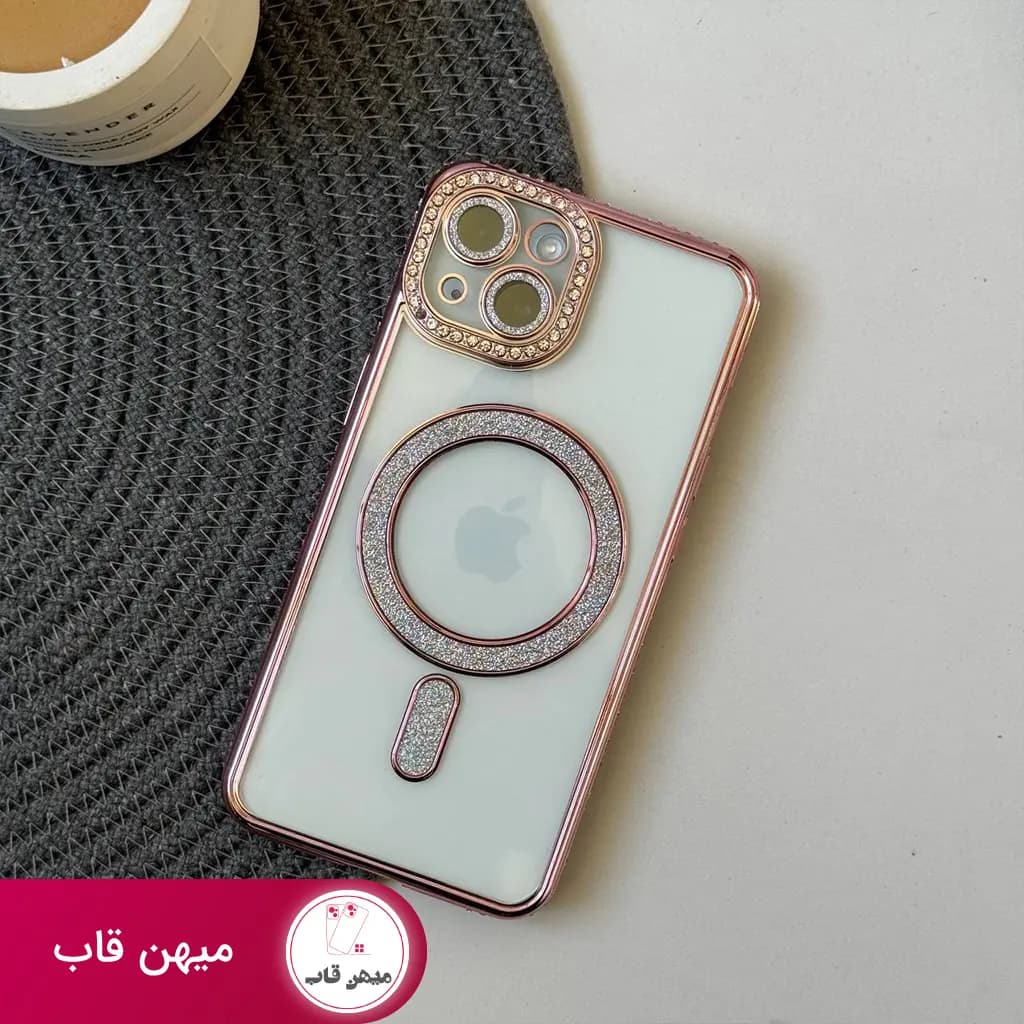 قاب گوشی آیفون شاین نگینی صورتی به همراه محافظ لنز و مگ سیف - کد (۳۶۷۳۶)