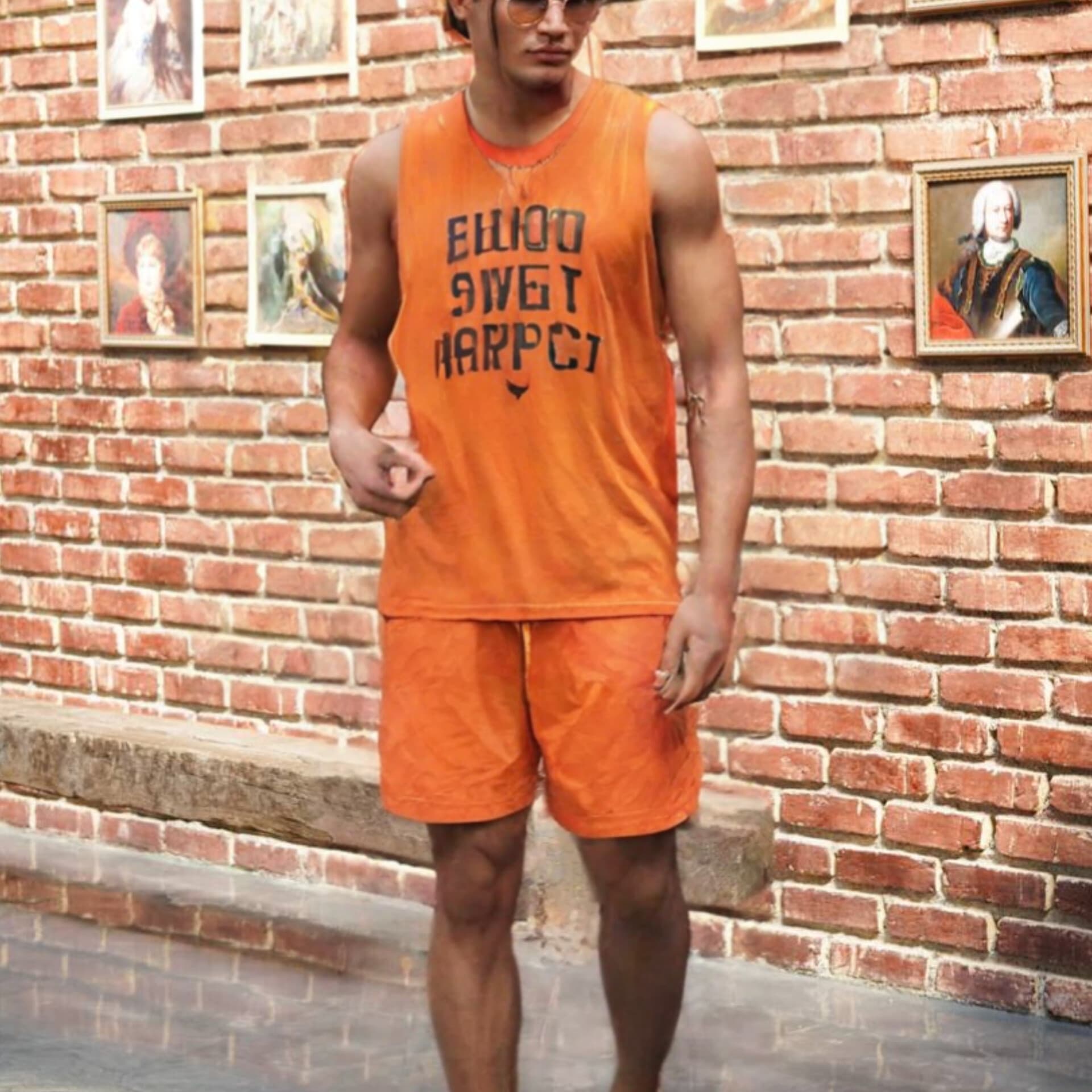 ست ورزشی مردانه شلوارک و رکابی حلقه ای دورس پنبه نارنجی