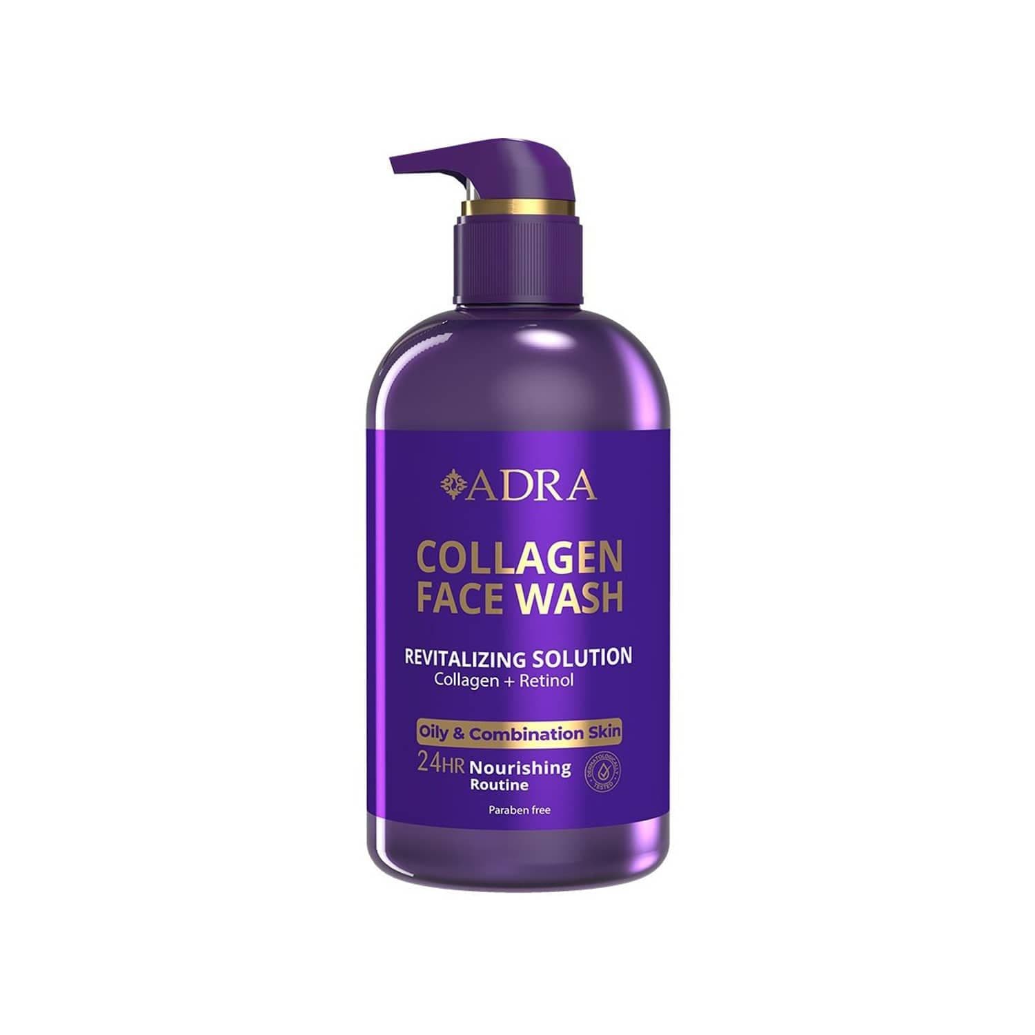 ژل شستشوی صورت آدرا حاوی کلاژن و رتینول مناسب پوست های چرب و مختلط حجم 500 میلی لیتر