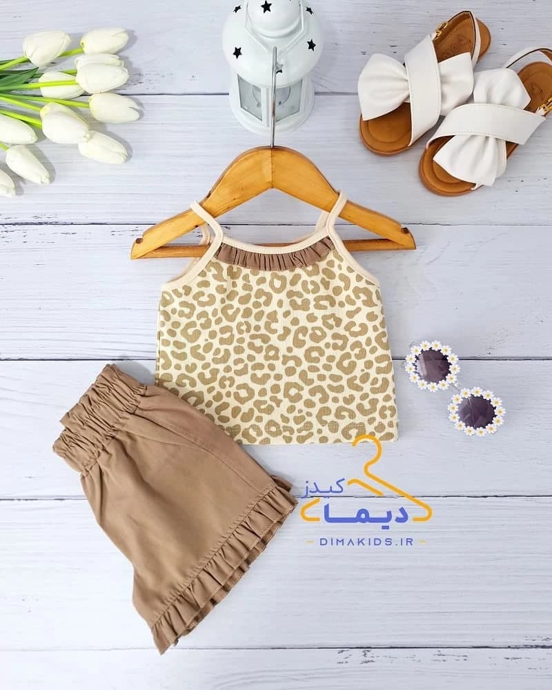 ست تاپ و شلوارک کرم نسکافه ای طرح پلنگی