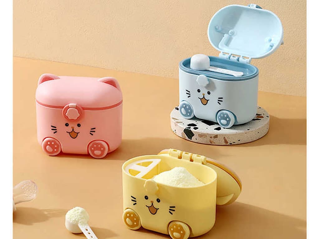 ظرف و انبار ذخیره شیر خشک نوزادی طرح گربه چرخ دار با پیمانه