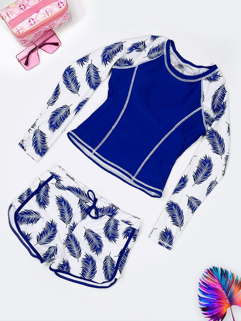 مایو زنانه دو تیکه راشگارد شلوارکی نیمه پوشیده آستین بلن و شلوارک مایو پادار Foclassy