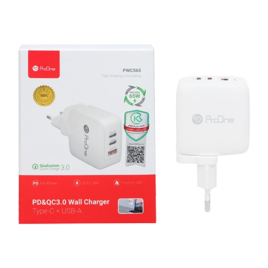 شارژر دیواری تایپ سی و یو اس بی 65 وات پرووان PWC565
