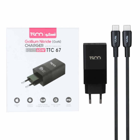 شارژر دیواری 65 وات فست شارژ PD و دوپورت تسکو مدلTTC67 به همراه کابل تبدیل USB-C