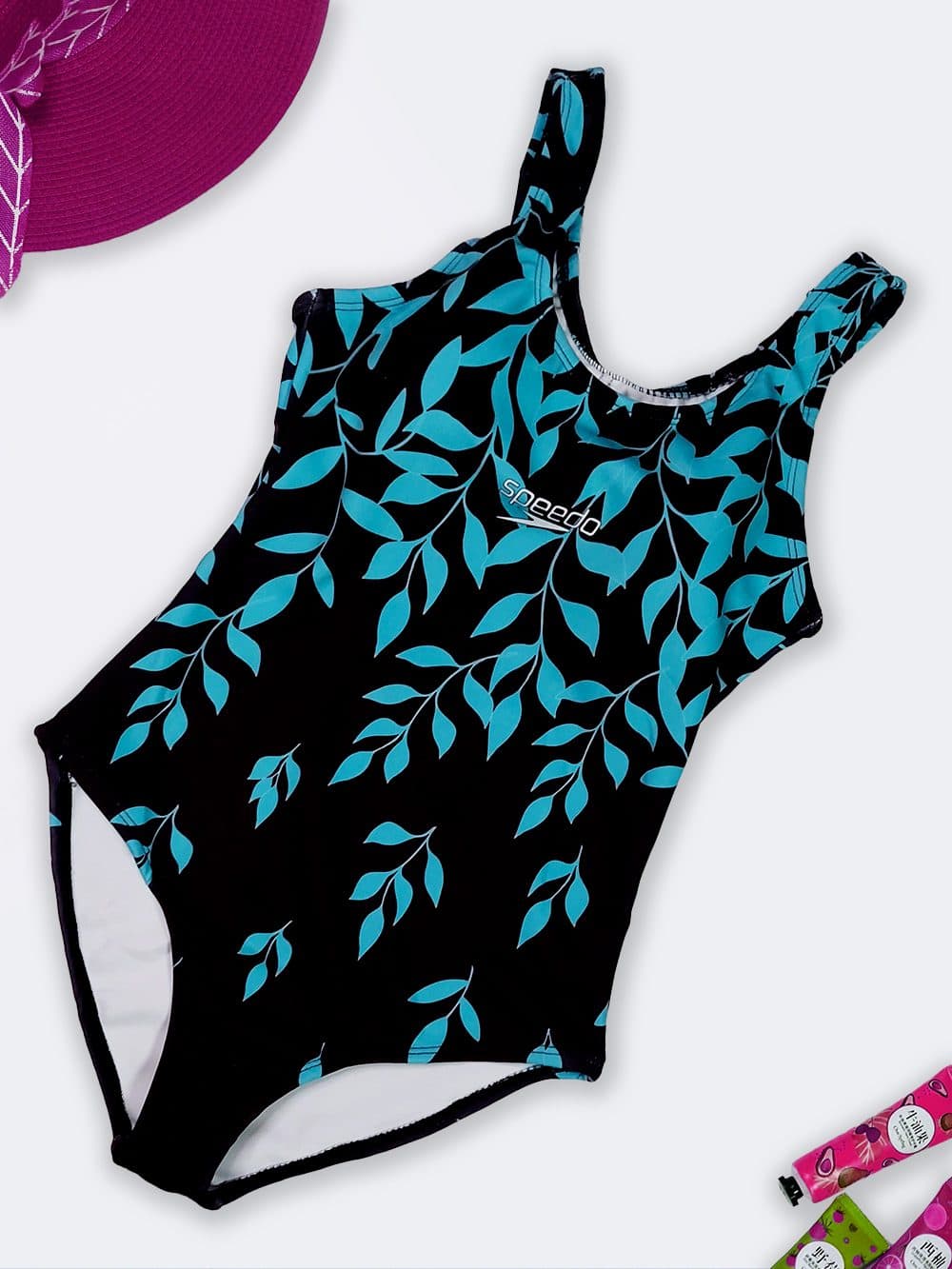 مایو زنانه اسلیپ بند پشت قهرمانی مشکی رنگ طرح برگ اسپیدو ( Speedo ) کاپدار