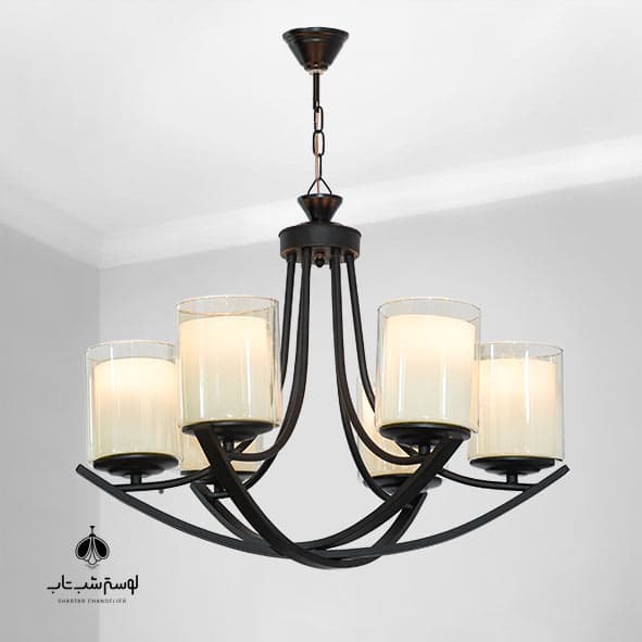 لوستر آویز 6 شعله قایقی شب تاب مشکی با حباب ایرانی