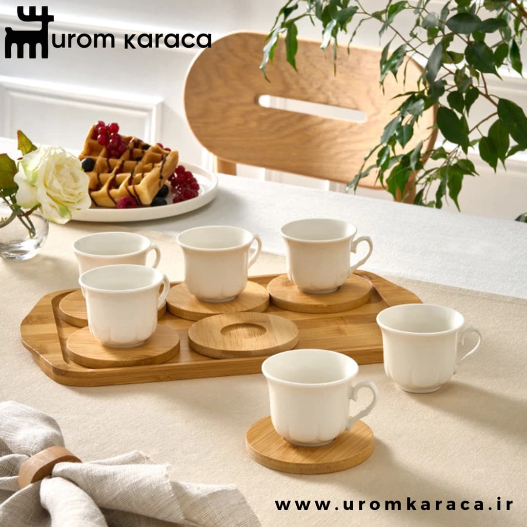 سرویس قهوه خوری با سینی ۶ پارچه کاراجا بامبو ۹۰ میلی سفید