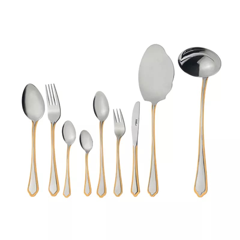 سرویس قاشق و چنگال 12 نفره ناب استیل طرح ونیز دور طلایی (57 پارچه)