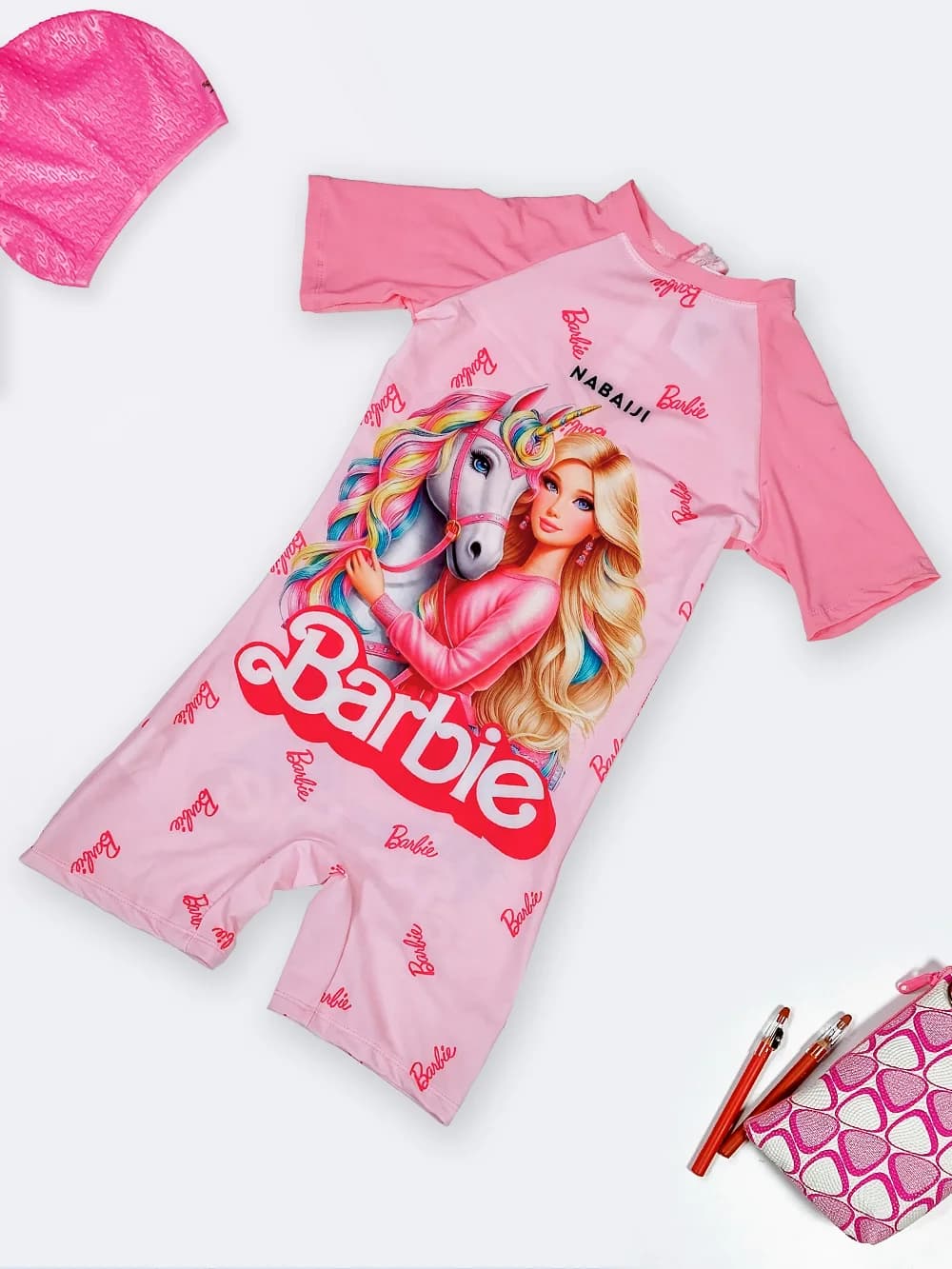 مایو دخترانه بچگانه و نوجوان پوشیده نیمه اسلامی پادار و آستین دار سرهمی صورتی رنگ