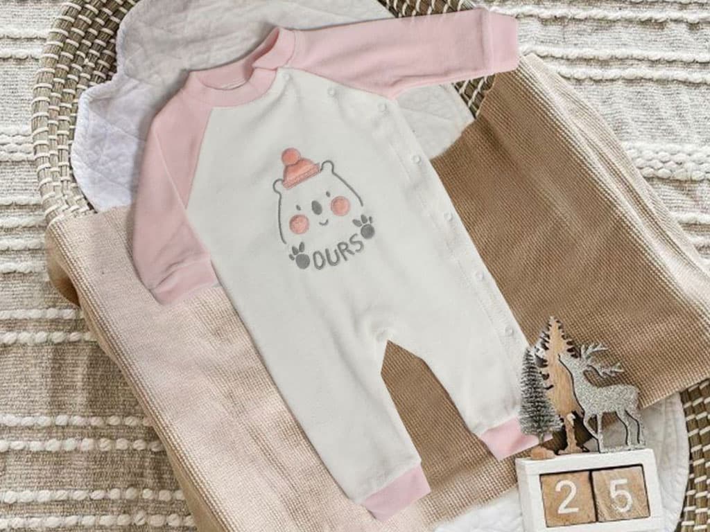 سرهمی نوزادی دخترانه مخمل رنگ سفید طرح خرس گلدوزی شده دامون damon