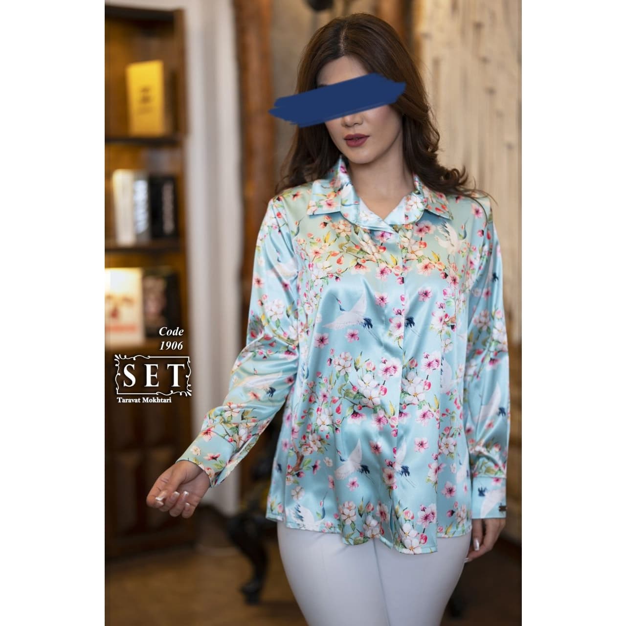 شومیز مجلسی مدل الهه ناز رنگ آبی طرح بهار کد 1906 برند SET