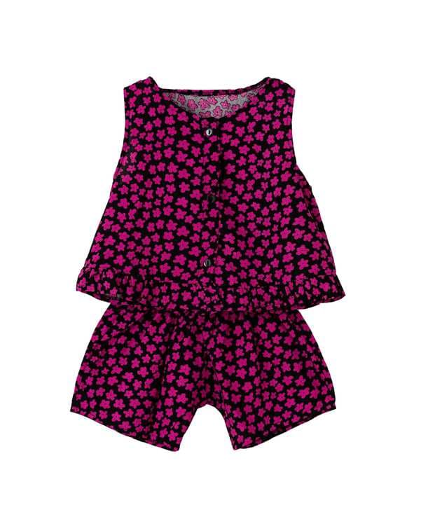 ست تاپ و شلوارک نوزادی دخترانه مشکی سرخابی طرح گل پنبه سان Panbesan