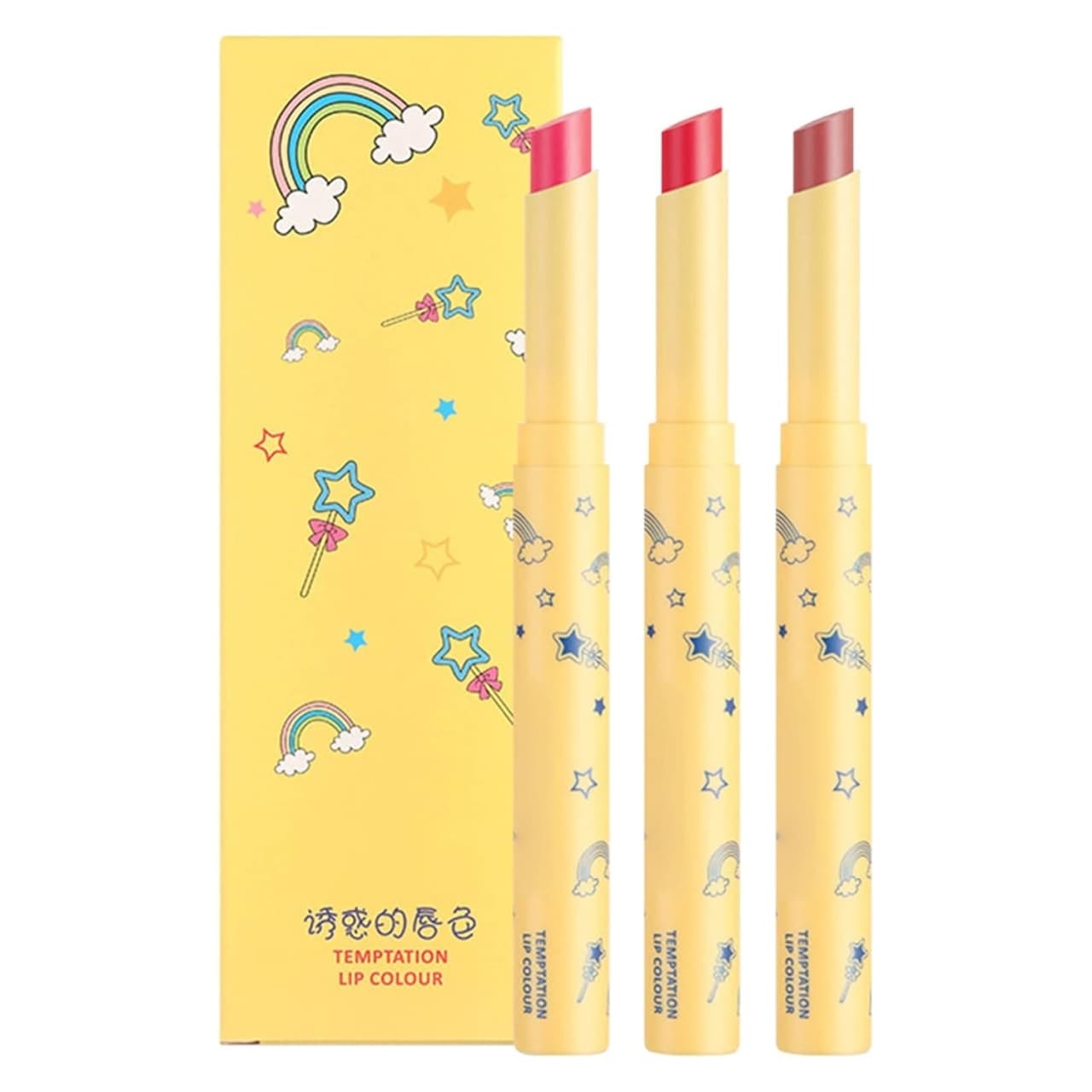 رژ لب جامد دراگون رانی مدل TEMPTATION مجموعه سه عددی پک زرد رنگ